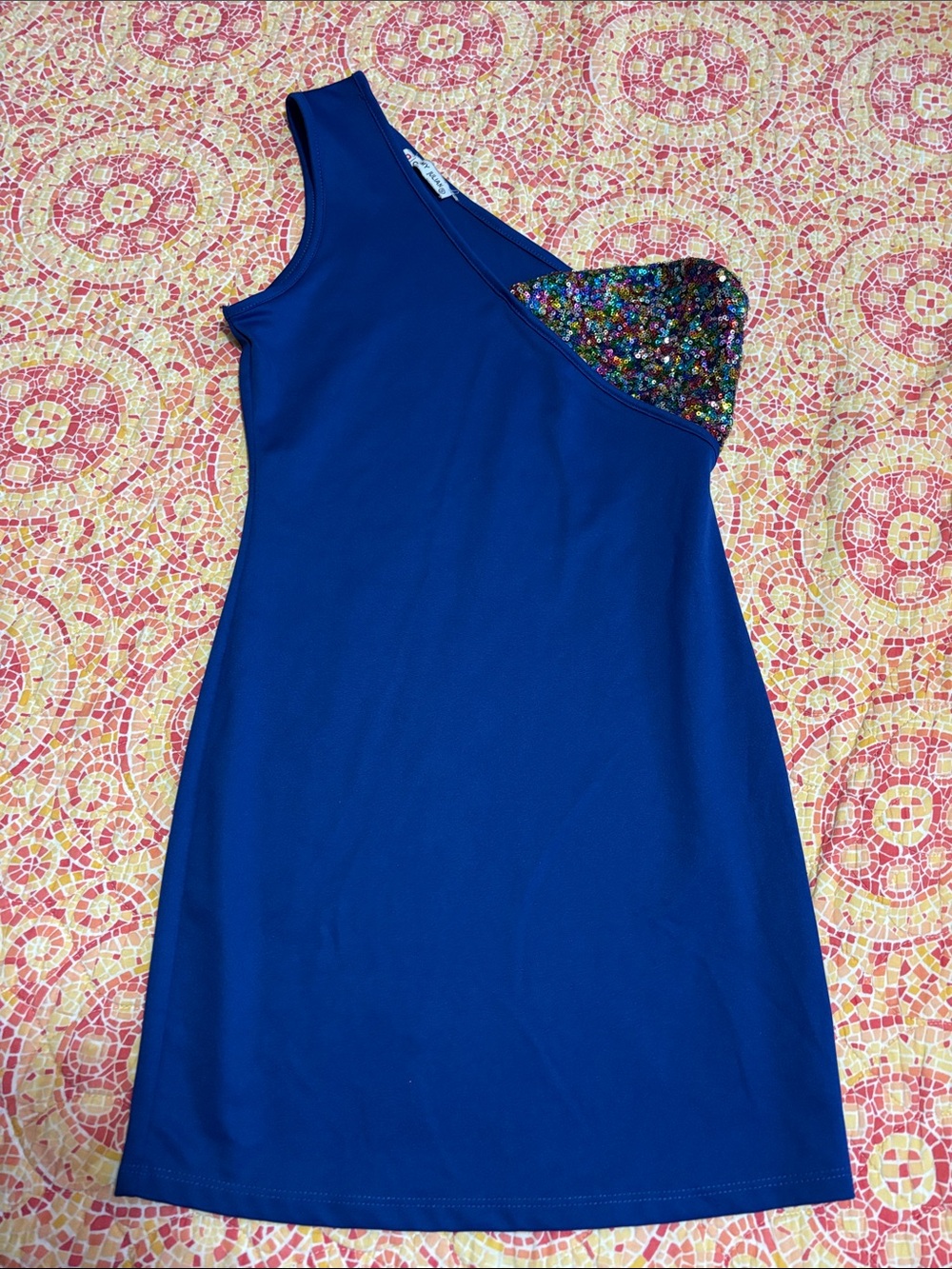 OH MY JULIAN INC. One-Shoulder Cobalt Blue Dress with Multicolor Sequin Bust